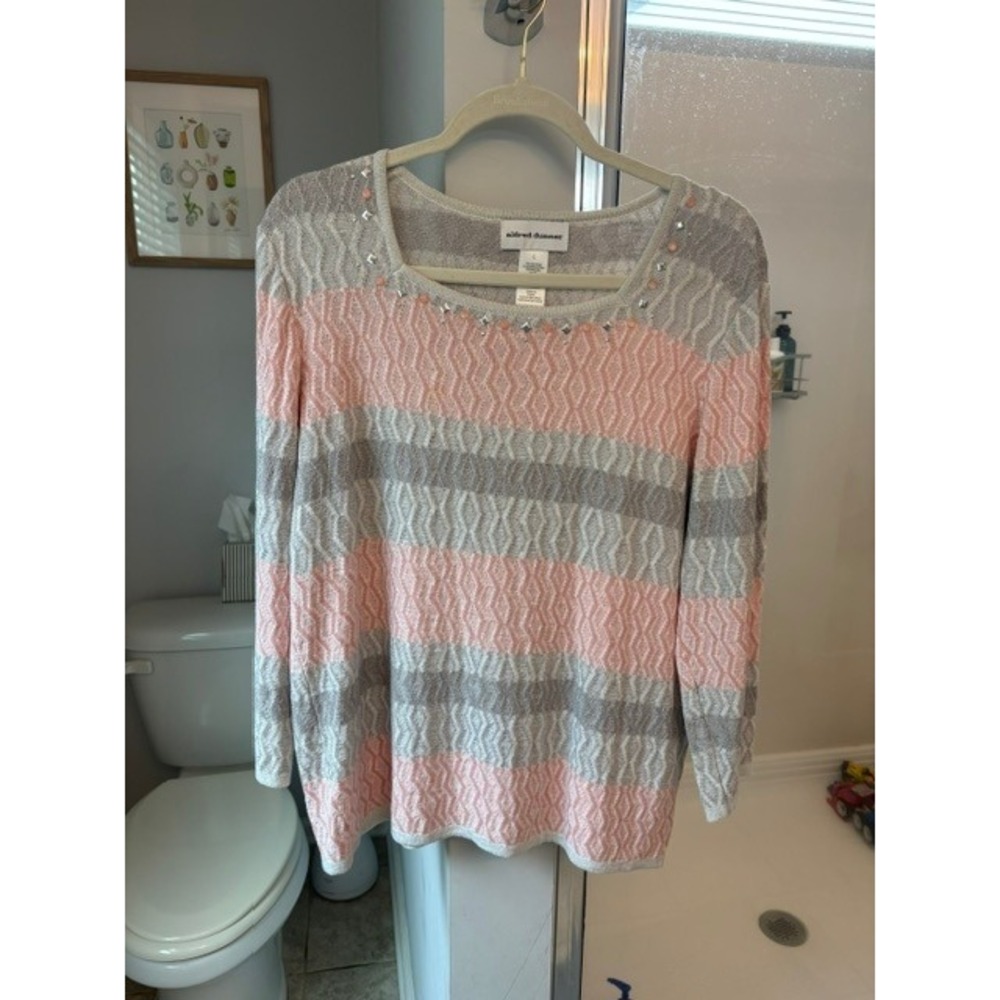 Alfred Dunner Embellished Stripe Lightweight Knit Sweater Pink Gray Long Sleeve